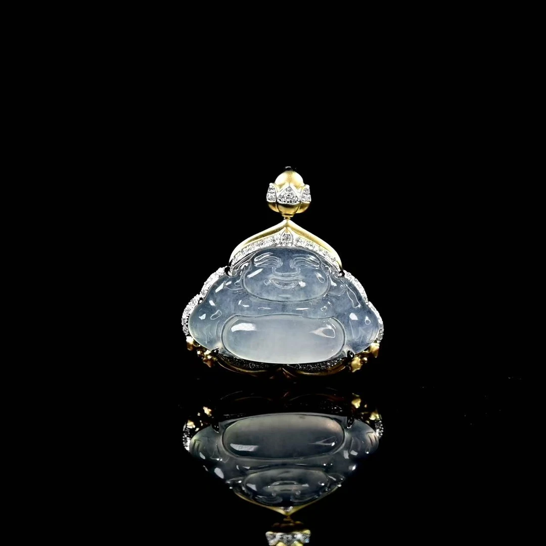 天然缅甸翡翠A货18K黄金镶佛佑家兴佛公吊坠/121163/拍卖