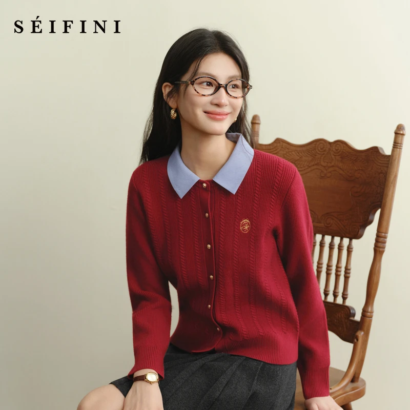 诗凡黎可脱卸领金扣麻花针织开衫学院风刺绣针梭拼毛衣7GC133411