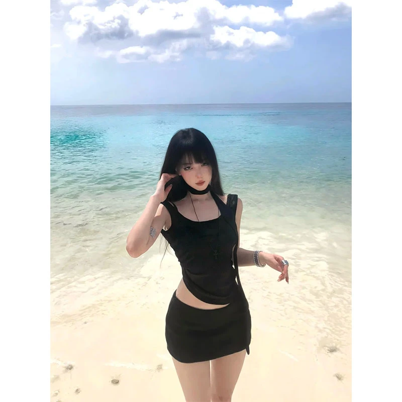 小众设计感辣妹风短款绑带背心女夏季高腰修身包臀百搭短裤三件套