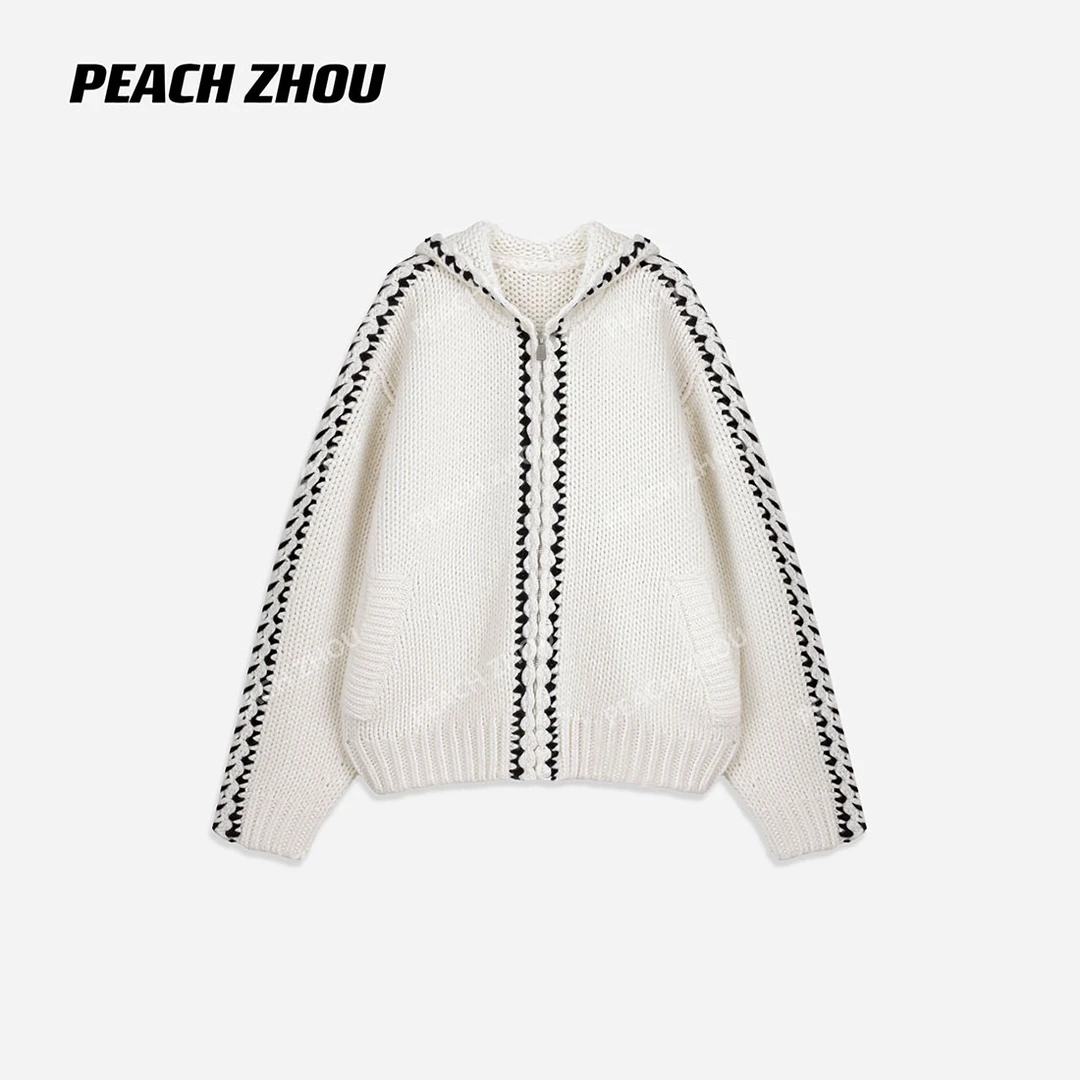 『PEACHZHOU』重工手缝撞色羊毛混纺落肩宽松连帽针织毛衣开衫外套