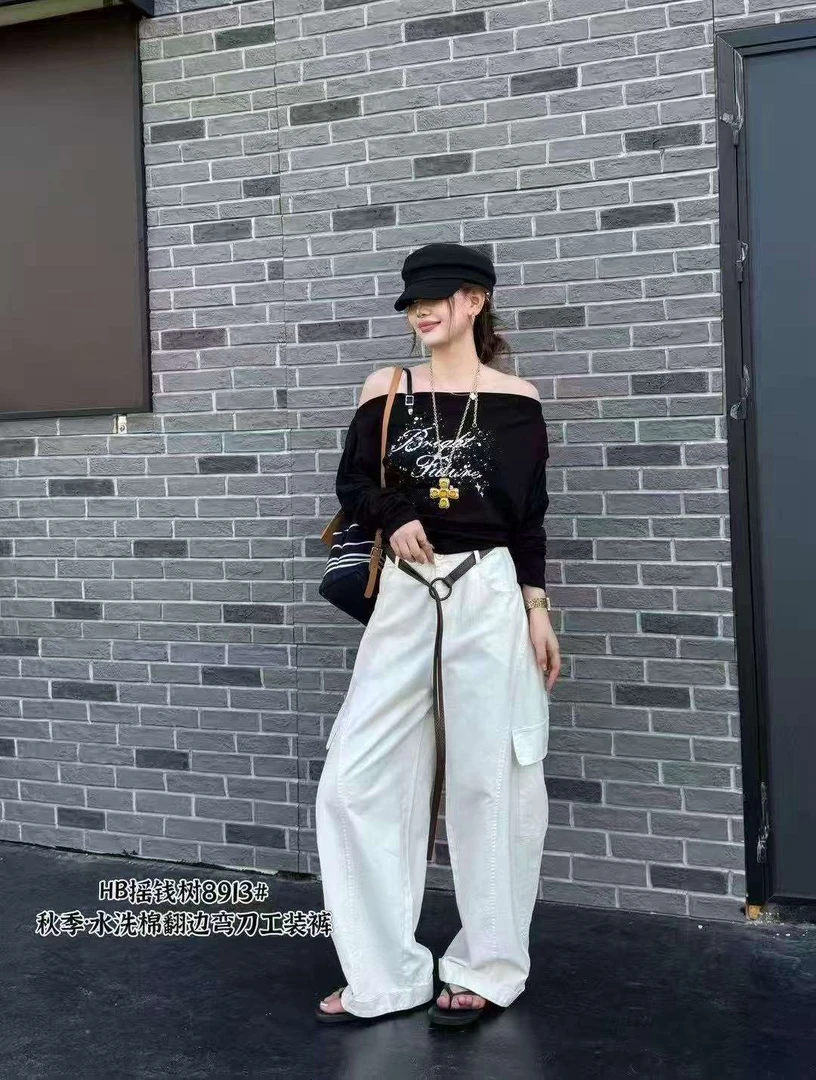 【666】914/8913-2  新款爆款韩系香蕉弯刀工装阔腿裤子