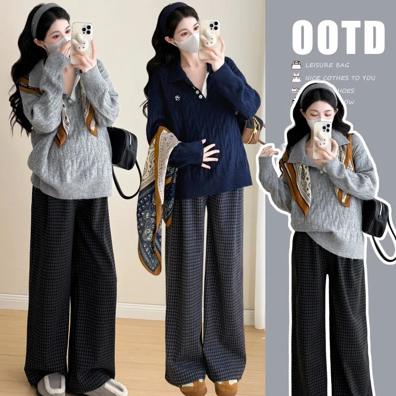 2025复古风套装休闲显瘦遮肉宽松慵懒毛衣＋阔腿格子裤两件套