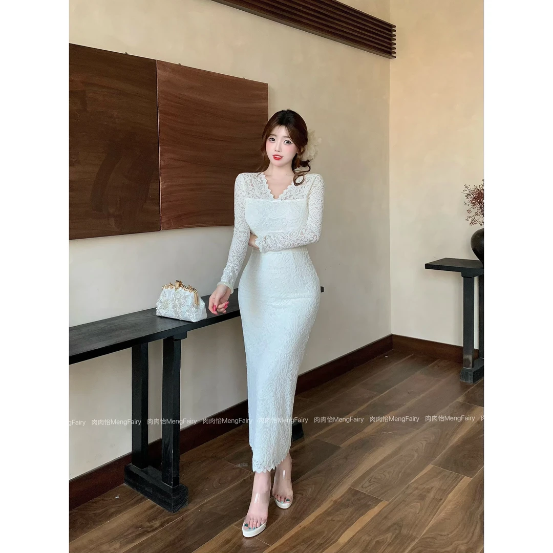 萌面侠肉肉怡【江南美人】法式优雅温婉气质收腰蕾丝连衣裙6451B