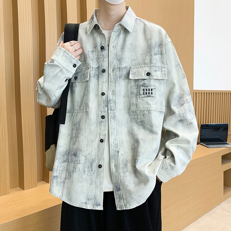 2025新款秋季翻领衬衫男青少年潮牌扎染印花宽松休闲百搭长袖衬衣
