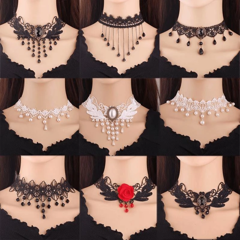 蕾丝项链女百搭锁骨链短款颈链黑布艺项链镂空