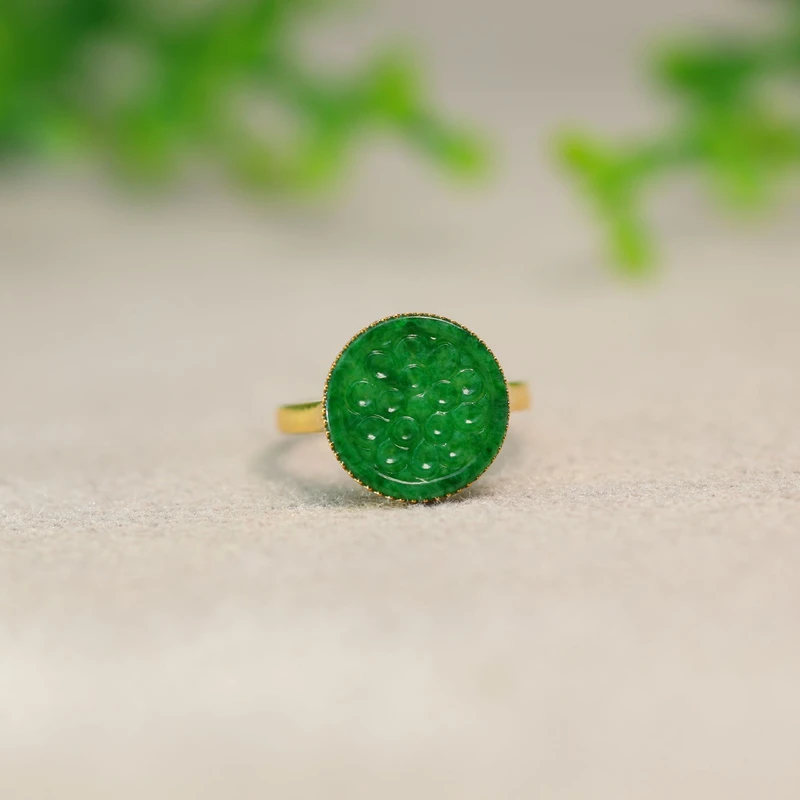 #J714 18K金镶嵌满色辣绿缅甸天然A货翡翠雕花圆形戒指古风女戒
