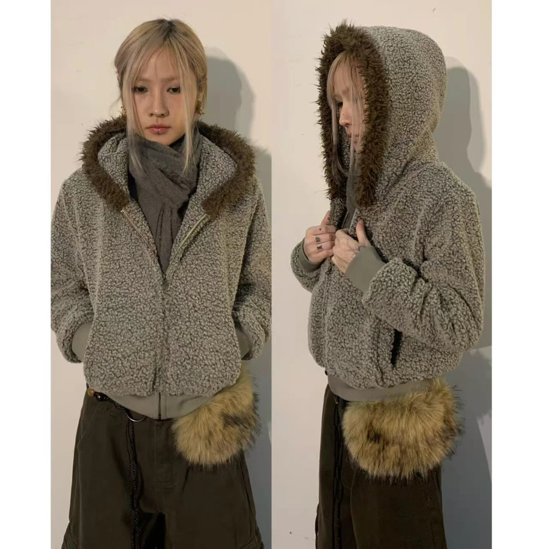 Fearless”美式复古宽松保暖摇粒绒休闲拉链连帽外套