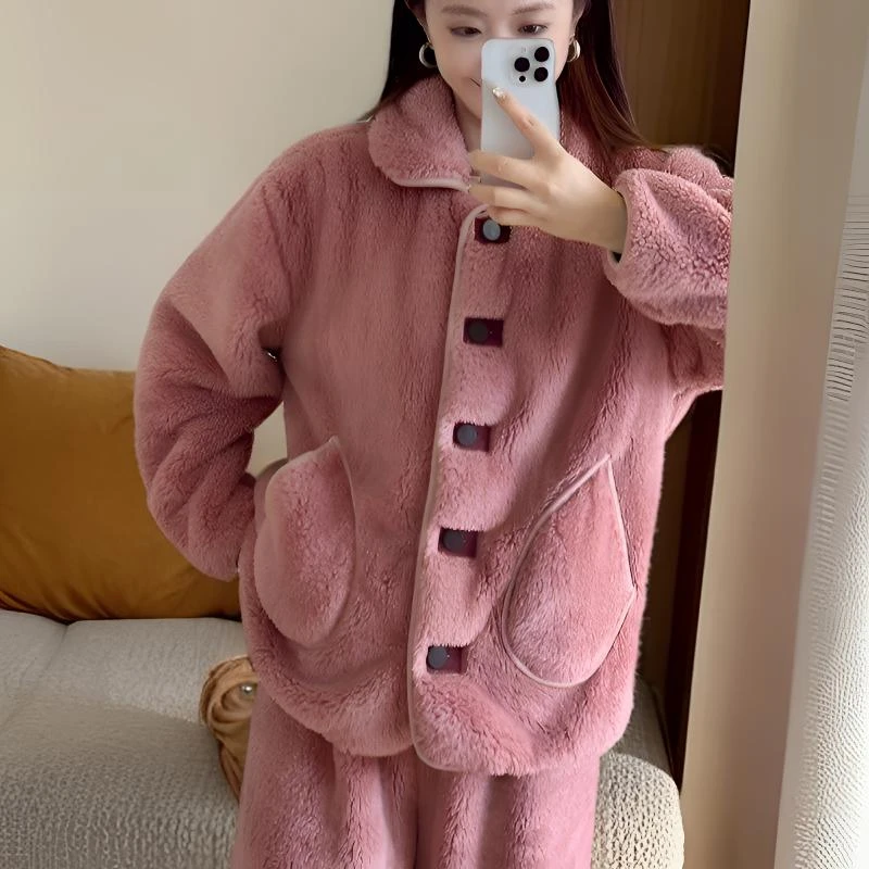 【反季福利】冬季新款北极绒翻领纽扣加厚可外穿保暖家居服睡衣套装
