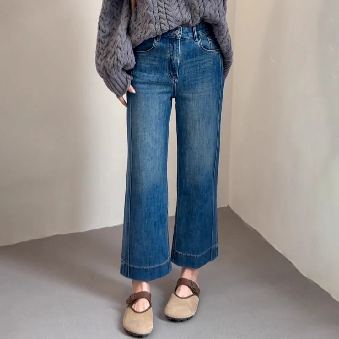 复古九分直筒牛仔裤女2025新款大码梨形身材宽松高腰显瘦阔腿裤