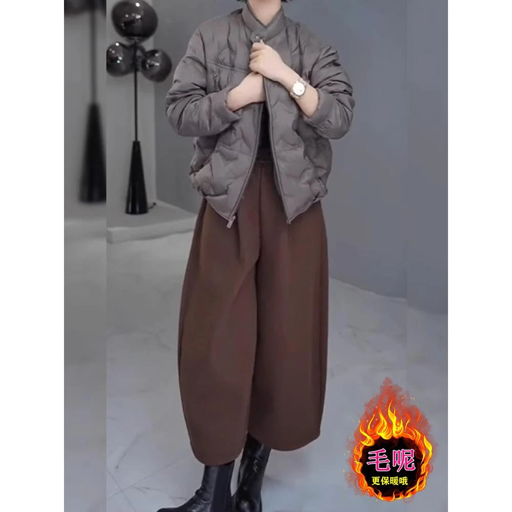 咖色毛呢休闲裤女秋冬新款欧货大码显瘦高腰小个子弯刀阔腿气球裤