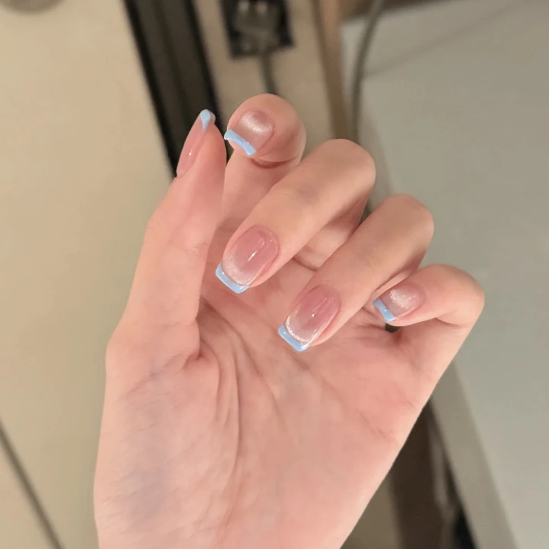 【小米兰】纯手工奶蓝穿戴甲显白气质可拆卸美甲贴片短款小女生