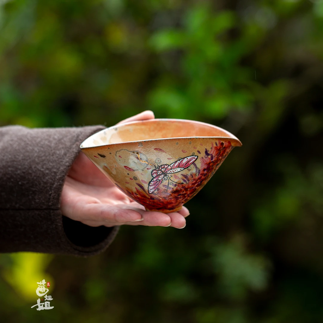 茜姐姐志野烧手绘梦蝶斗笠公道杯陶瓷茶海分茶器家用防烫茶道配件