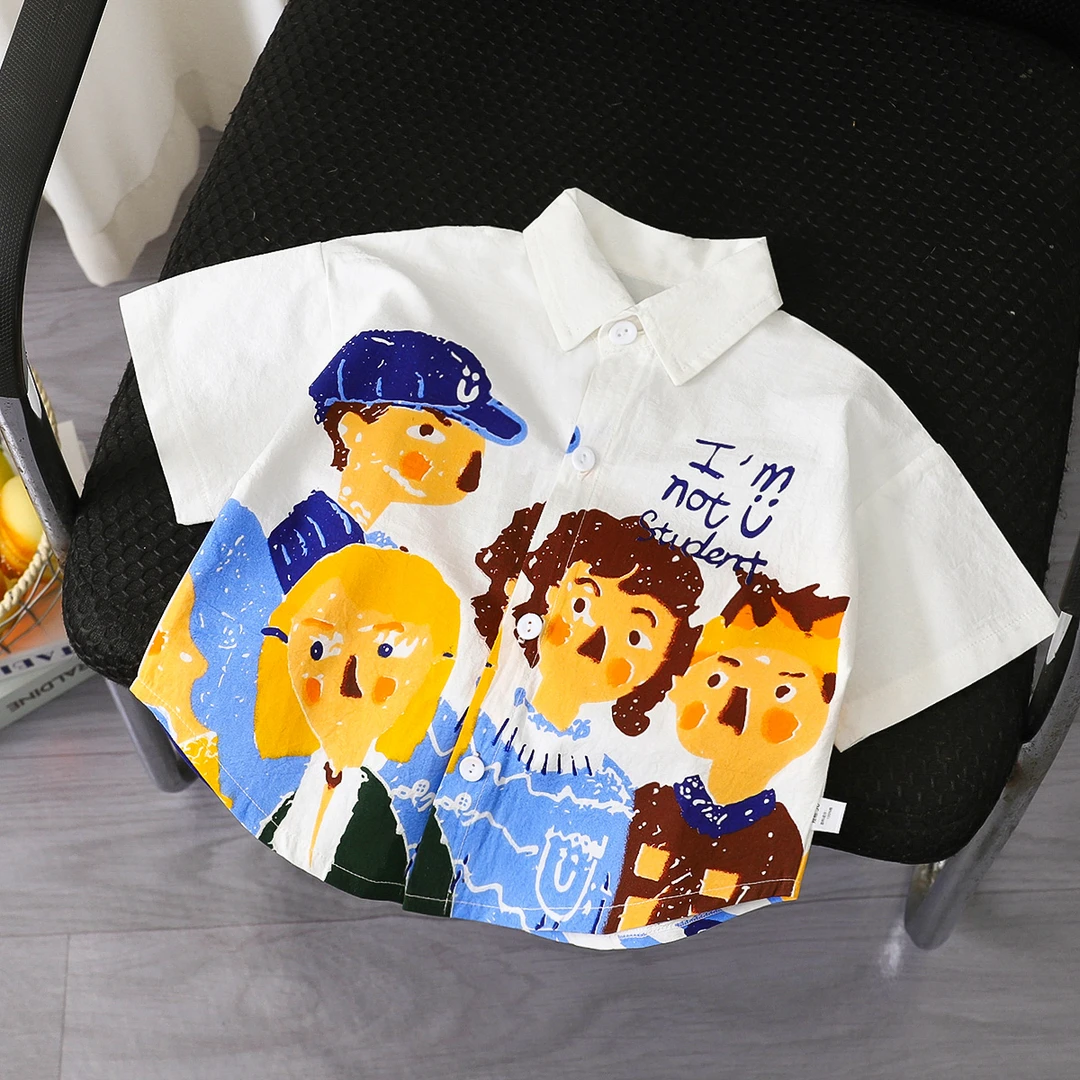 男童纯棉短袖衬衣2025季新款卡通人物韩版休闲潮流衬衣