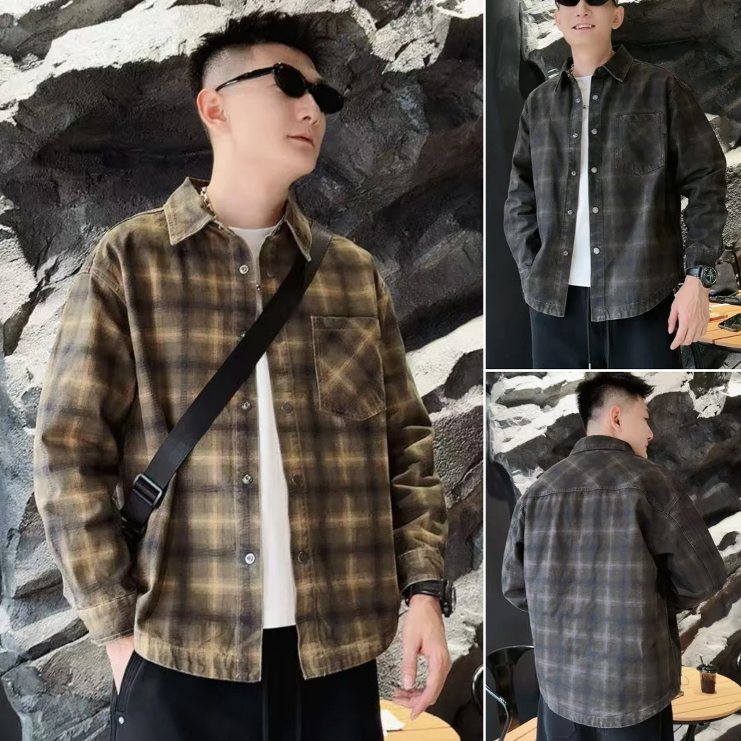 2025秋季新款衬衫式夹克帅气工装通勤宽松型格子翻领防风潮流外套