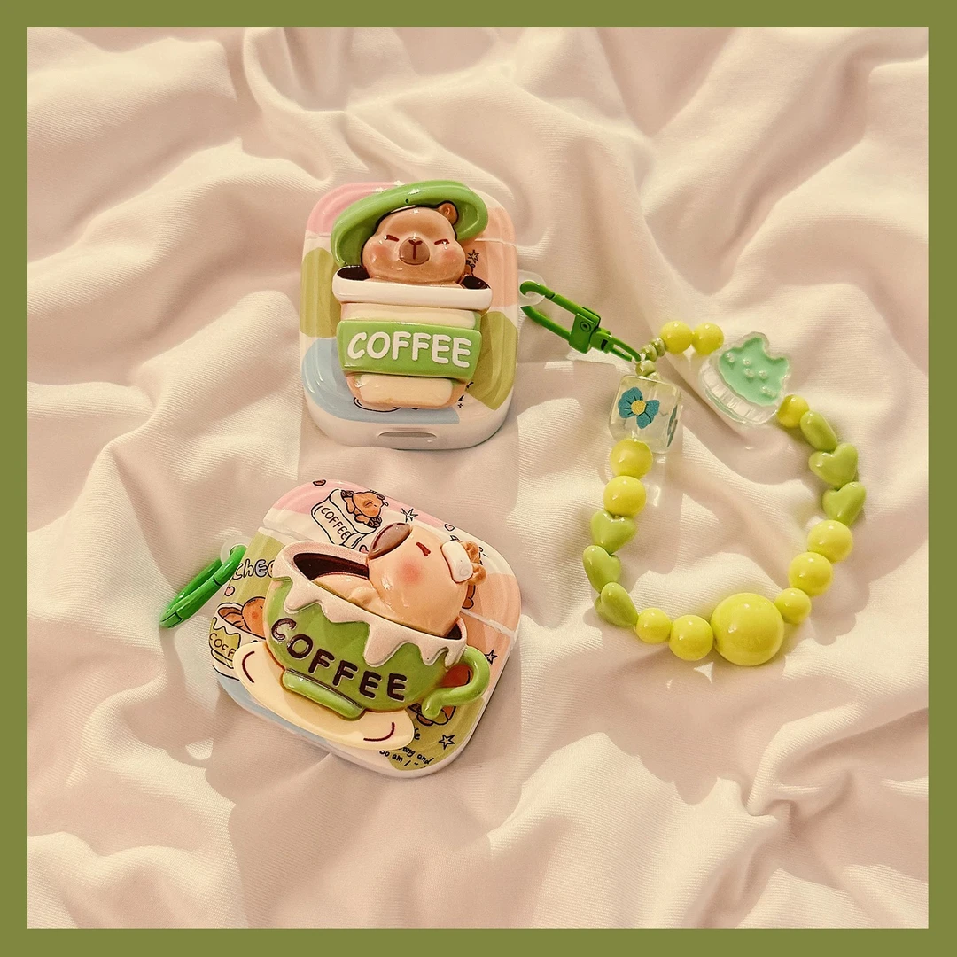 卡通立体咖啡水豚AirPodsPro1/2苹果4代/3代无线蓝牙耳机套链条软