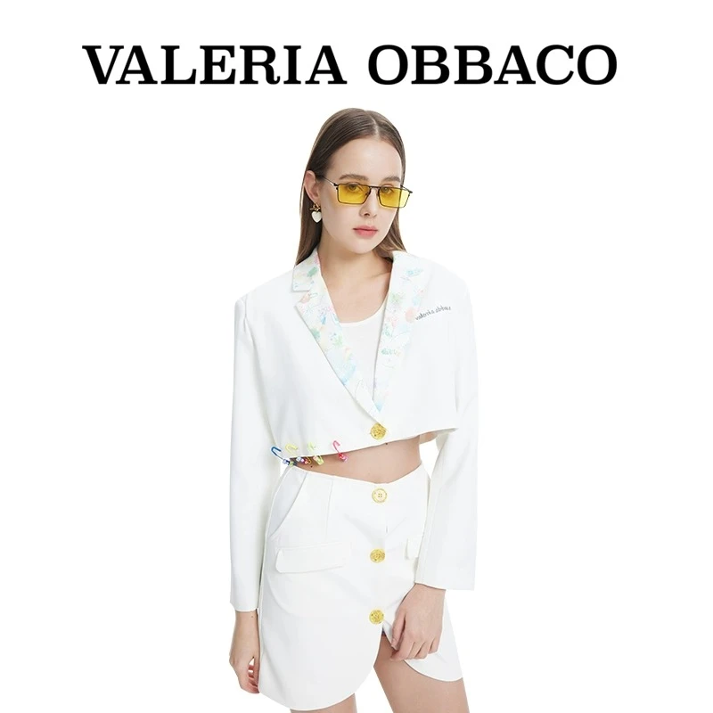 Valeria Obbaco白色西装短外套印花涂鸦女设计师时尚气质女上衣