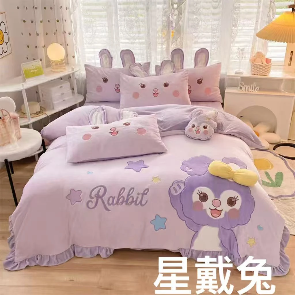 【晴美】全消光高克重牛奶绒贴布绣四件套-星戴兔