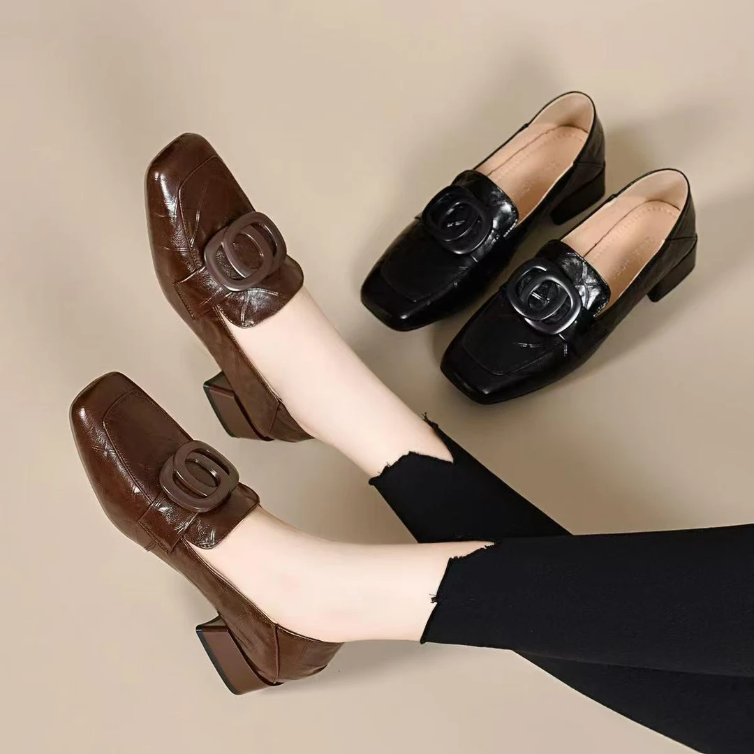 小皮鞋方头粗跟女鞋2025春秋新款百搭中跟单鞋软皮软底英伦乐福鞋