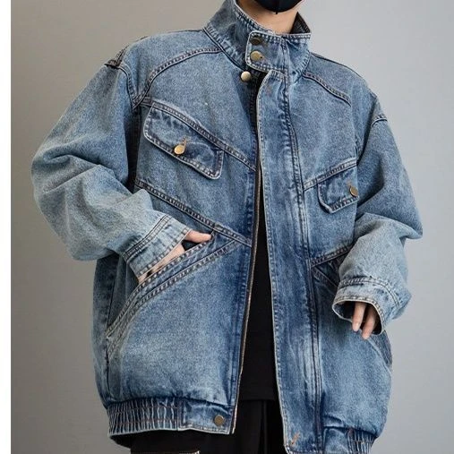 2024重磅立领牛仔外套男春秋季宽松潮牌翻领高级感美式机车风夹克