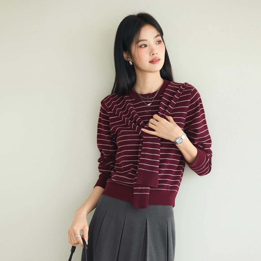 伊芙丽假两件披肩条纹针织衫女2025秋新款休闲百搭气质1G8932281