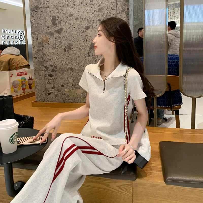 网红炸街短袖休闲运动套装女夏新款爆款洋气显瘦时尚阔腿裤两件套