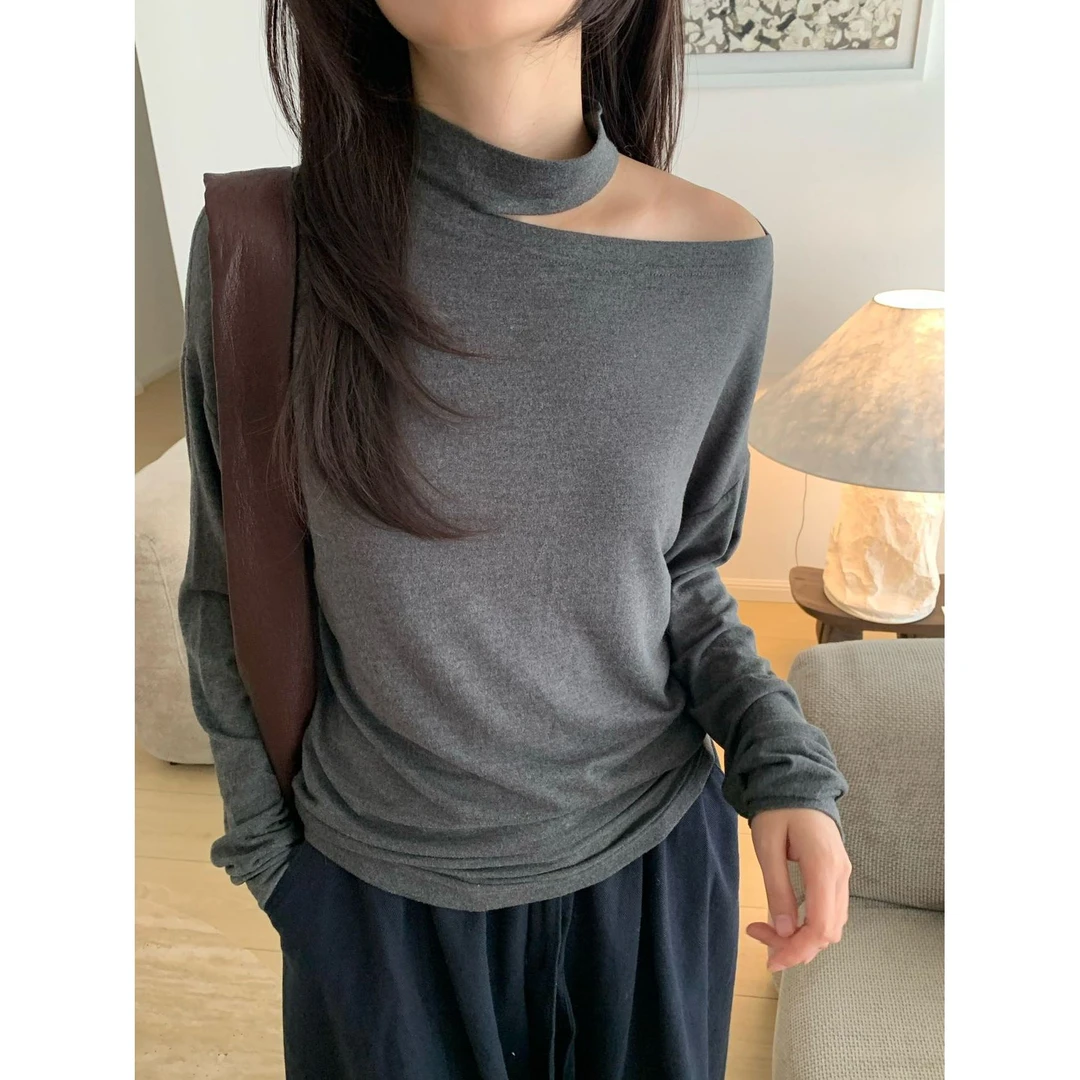 L-69922#韩系减龄慵懒高级显瘦挂脖斜肩长袖上衣（福利）