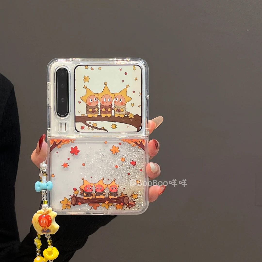 适用华为PuraX折叠屏手机壳秋冬可爱枫叶围巾三只星星人闪粉流沙