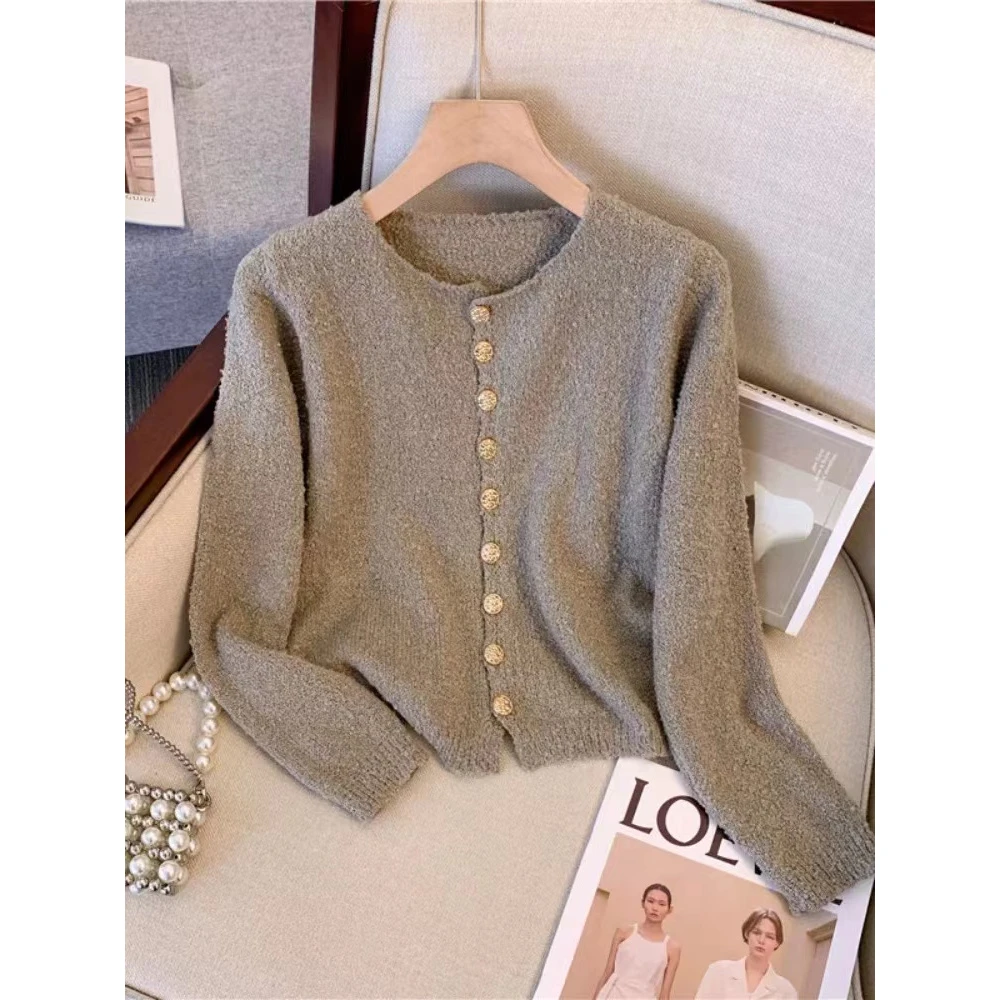 Y28圆领软糯风纯色针织开衫毛衣女装秋季季新款百搭宽松显瘦上衣