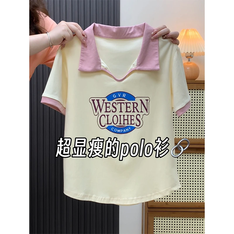 大码甜美风正肩撞色印花V领Polo衫短袖t恤女夏季新款百搭显瘦上衣