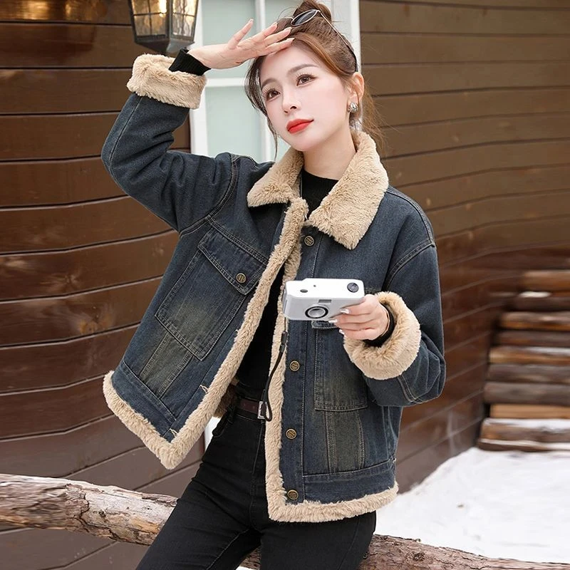 2024新款保暖毛毛加绒小个子百搭加厚牛仔外套女秋冬翻领棉衣服
