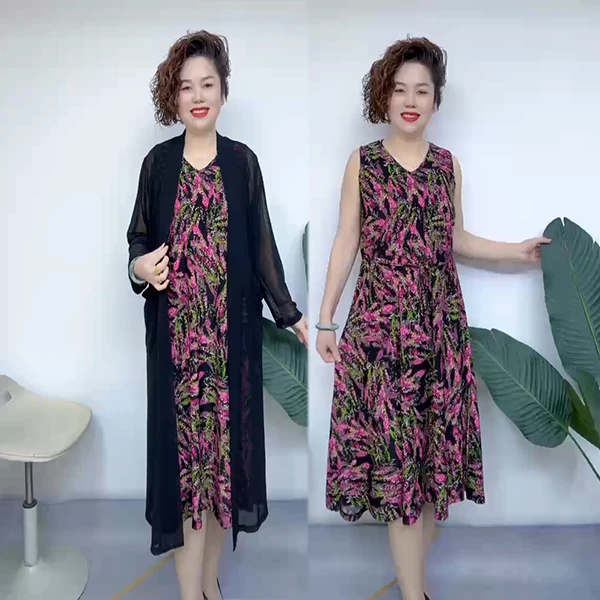 新款高弹力V领无袖时尚休闲气质显瘦碎花百搭网红宽松连衣裙女001