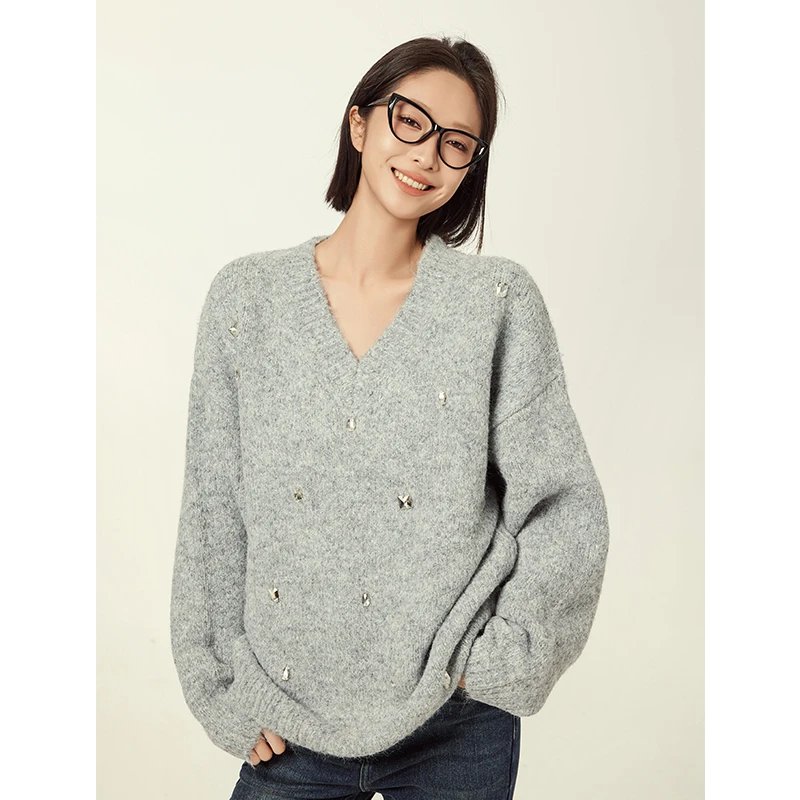 美洋MEIYANG 水星记毛衣 绵羊毛混纺_宽松V领玻璃钻装饰针织衫