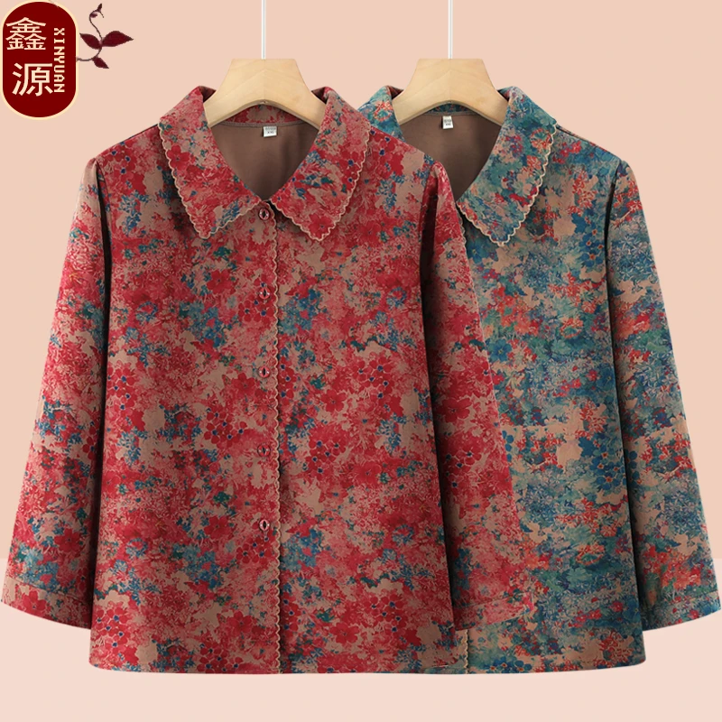 老年人春装女新款妈妈长袖翻领衬衫洋气老太太薄衬衣奶奶夏季衣服