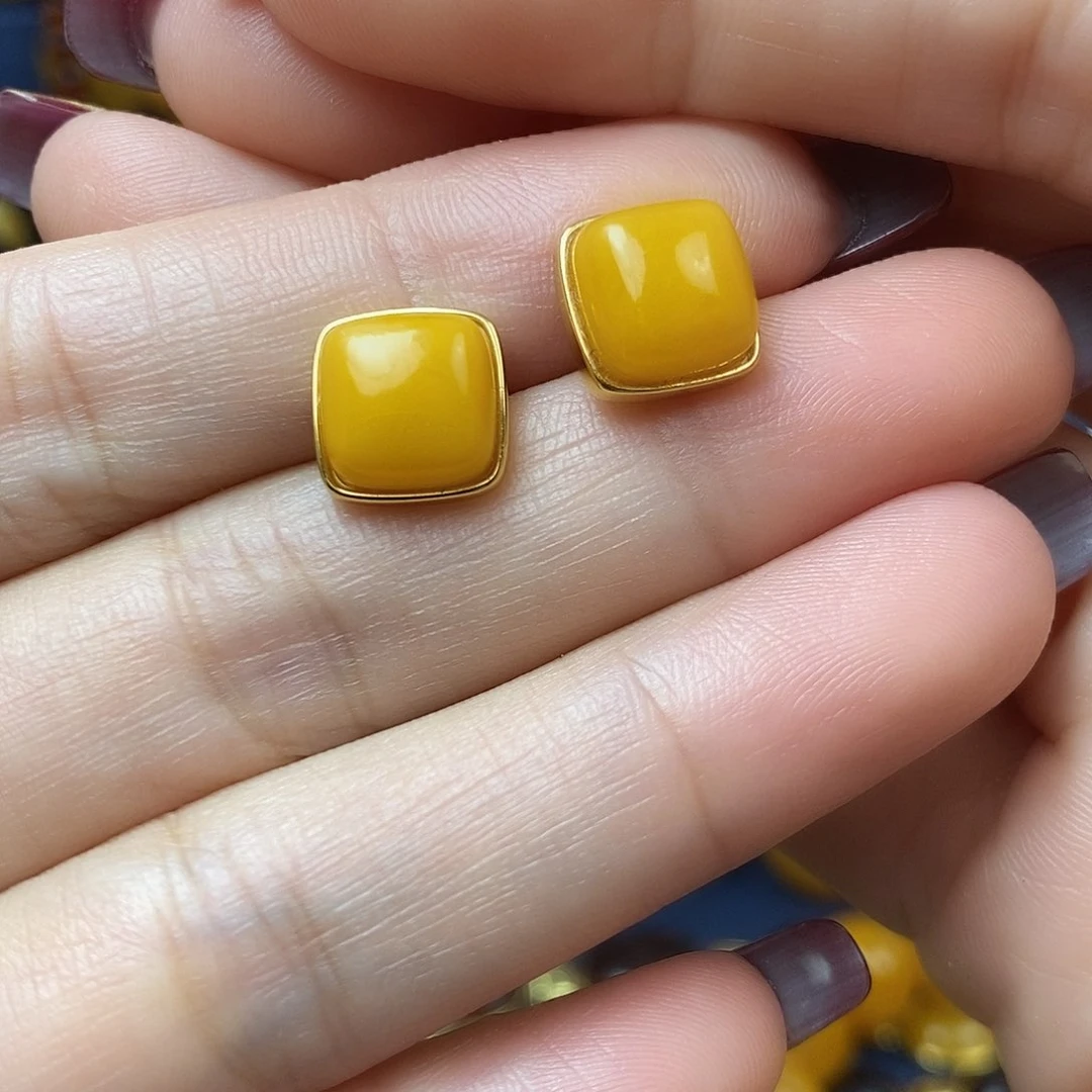 蜜蜡耳饰银S925镀金镶嵌