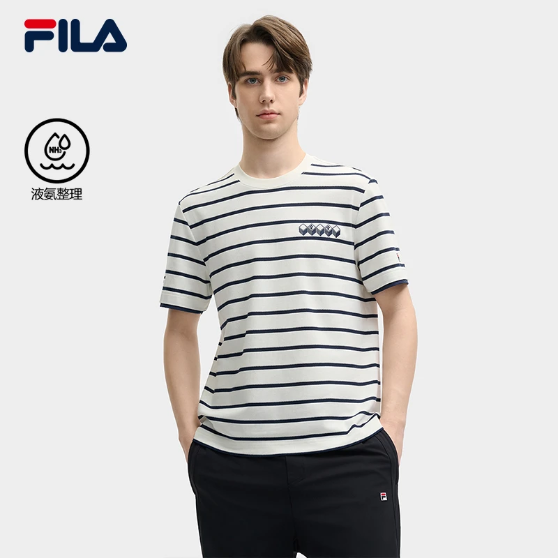 FILA 斐乐官方男子针织短袖衫2025夏新款时尚休闲舒适纯棉条纹T恤