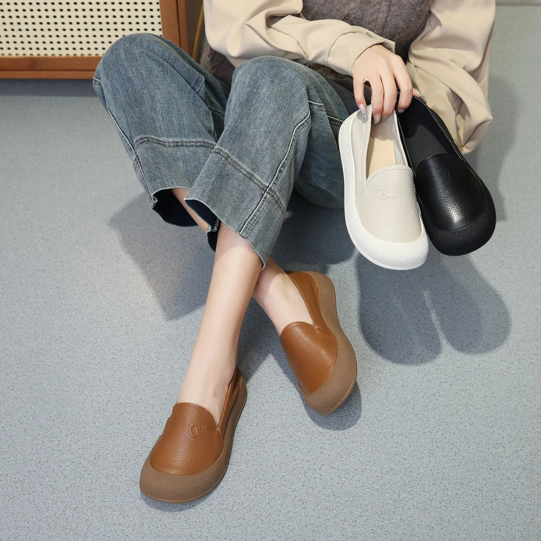 头层牛皮春季新款2025手工鞋透气防滑软底复古休闲百搭圆头真皮鞋