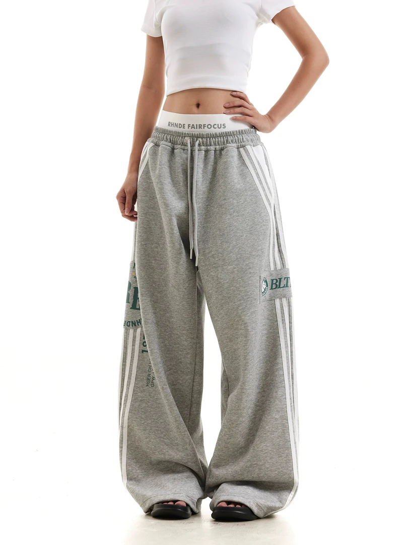 美式街舞辣妹双腰头抽绳卫裤女宽松阔腿休闲运动条纹三条杠直筒裤