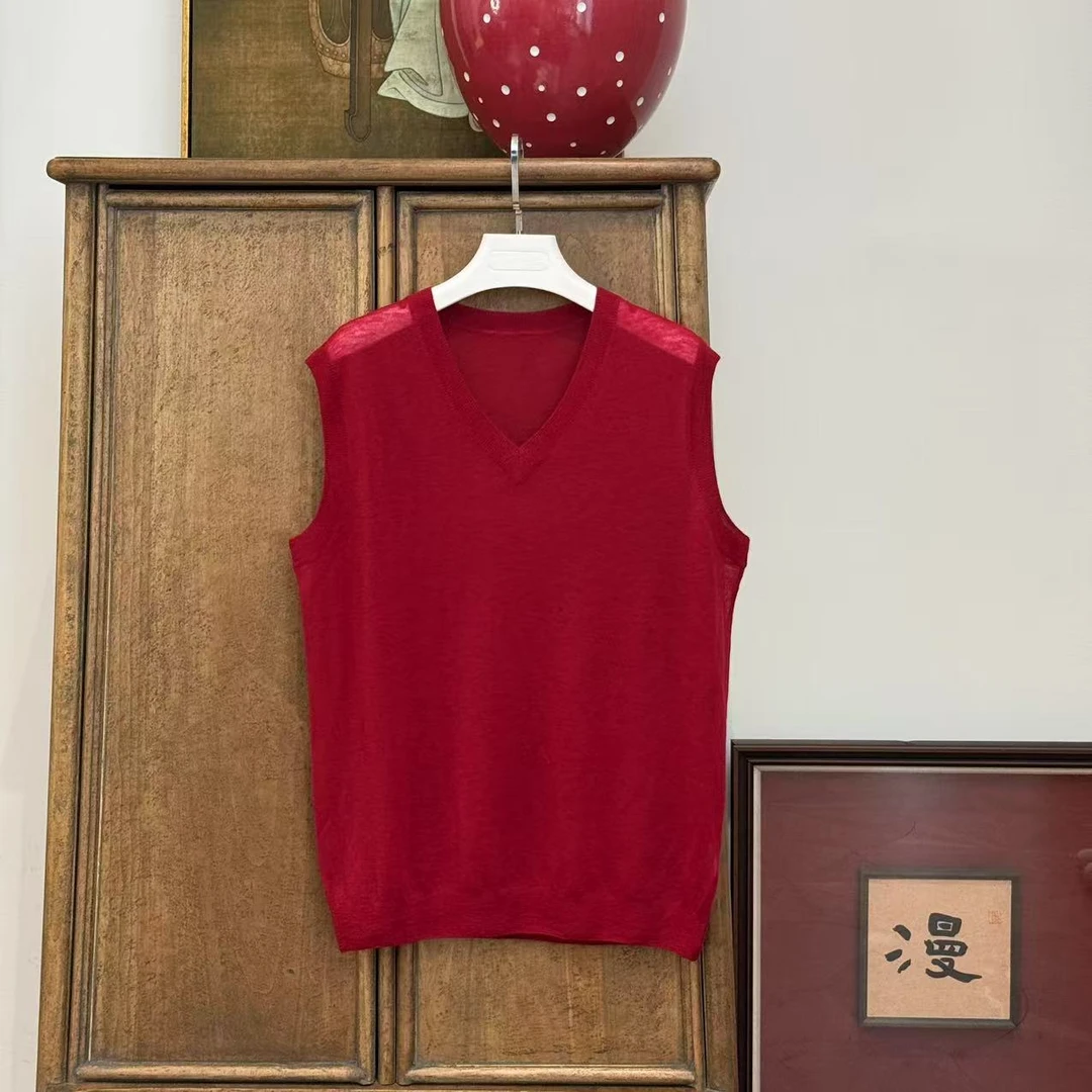 MYL 2025年春季新款羊毛红色针织背心V领微透休闲百搭针织背心