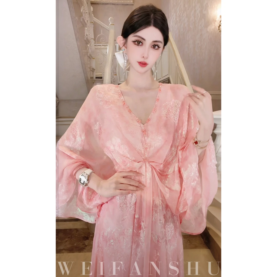 WEIFANSHU/魏凡舒【玲珑暮色】春夏新款少女心精致V领仙气连衣裙