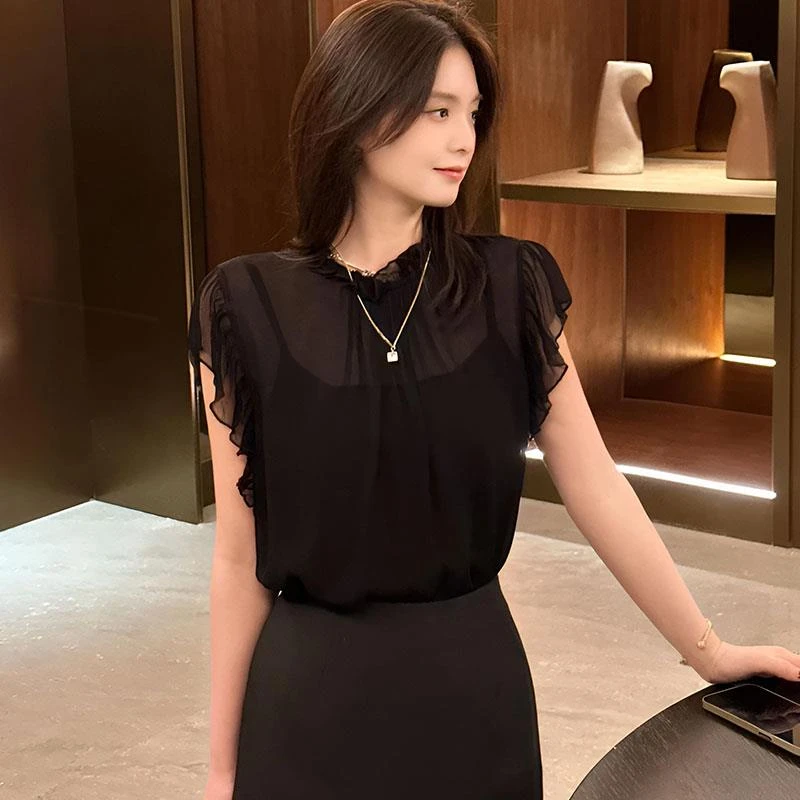 LUO黑色薄纱假两件短袖t恤2025新款夏季洋气减龄宽松显瘦薄款上衣