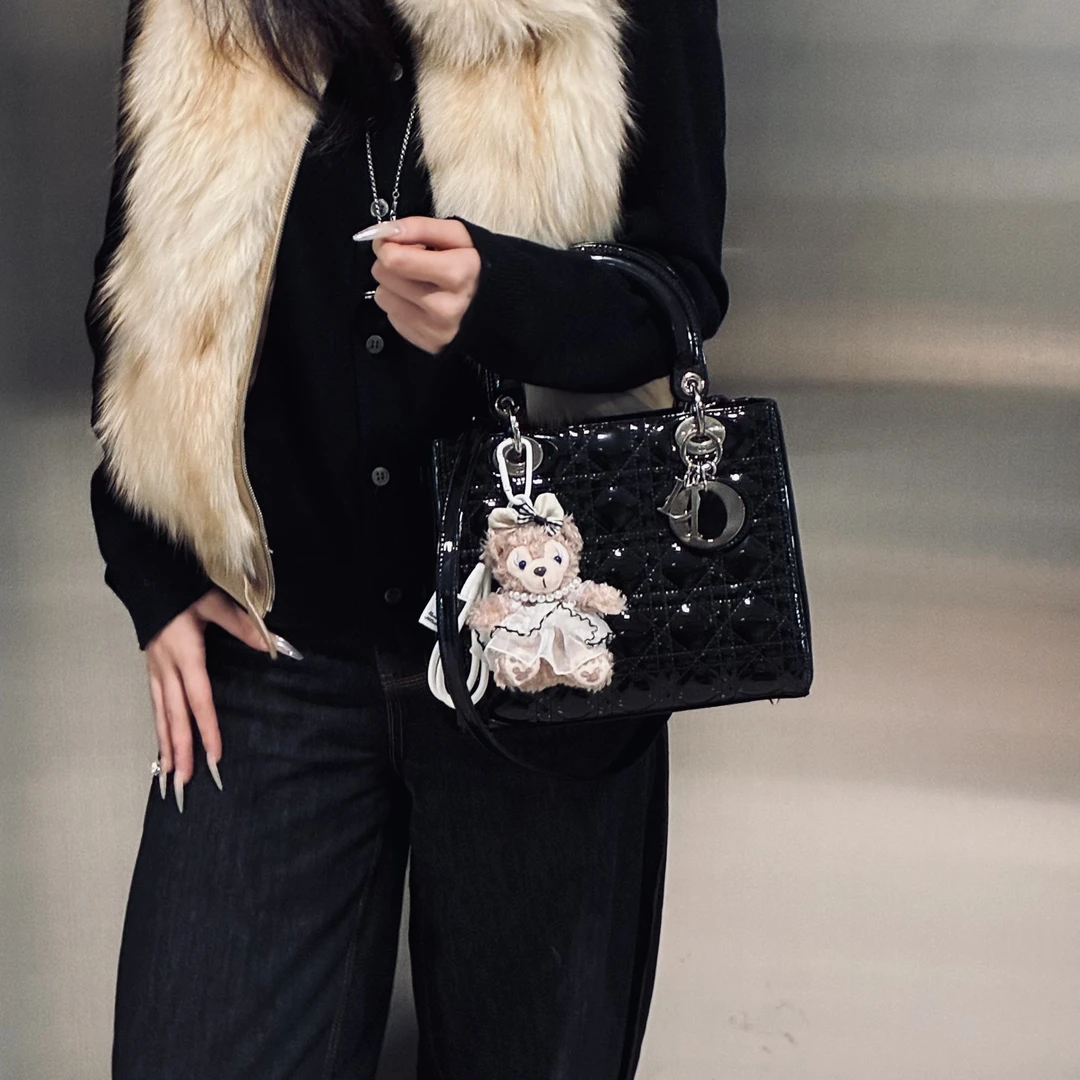 95新 DIOR/迪奥 dior五格戴妃包黑色漆皮