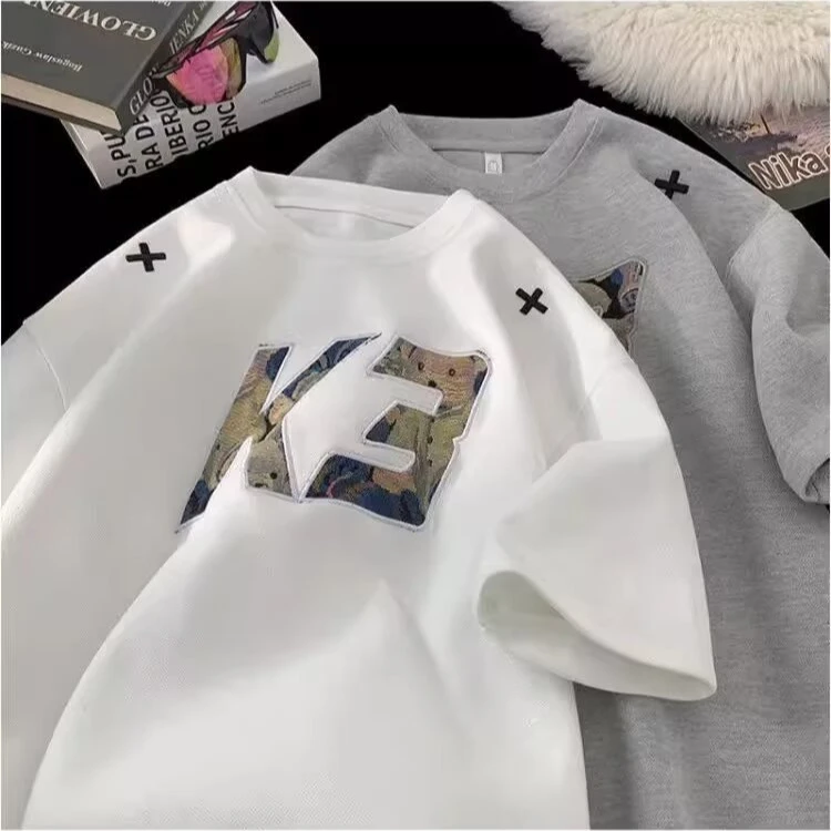 美式万针刺绣男款潮牌正肩T恤美式高街情侣圆领半袖