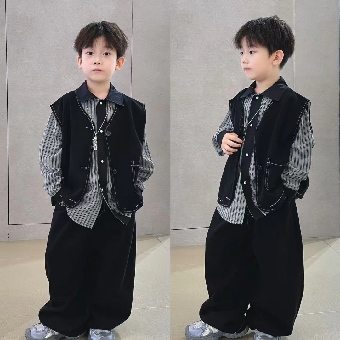 男童牛仔马甲三件套2025秋季新款韩范痞帅衬衫儿童阔腿裤春秋套装