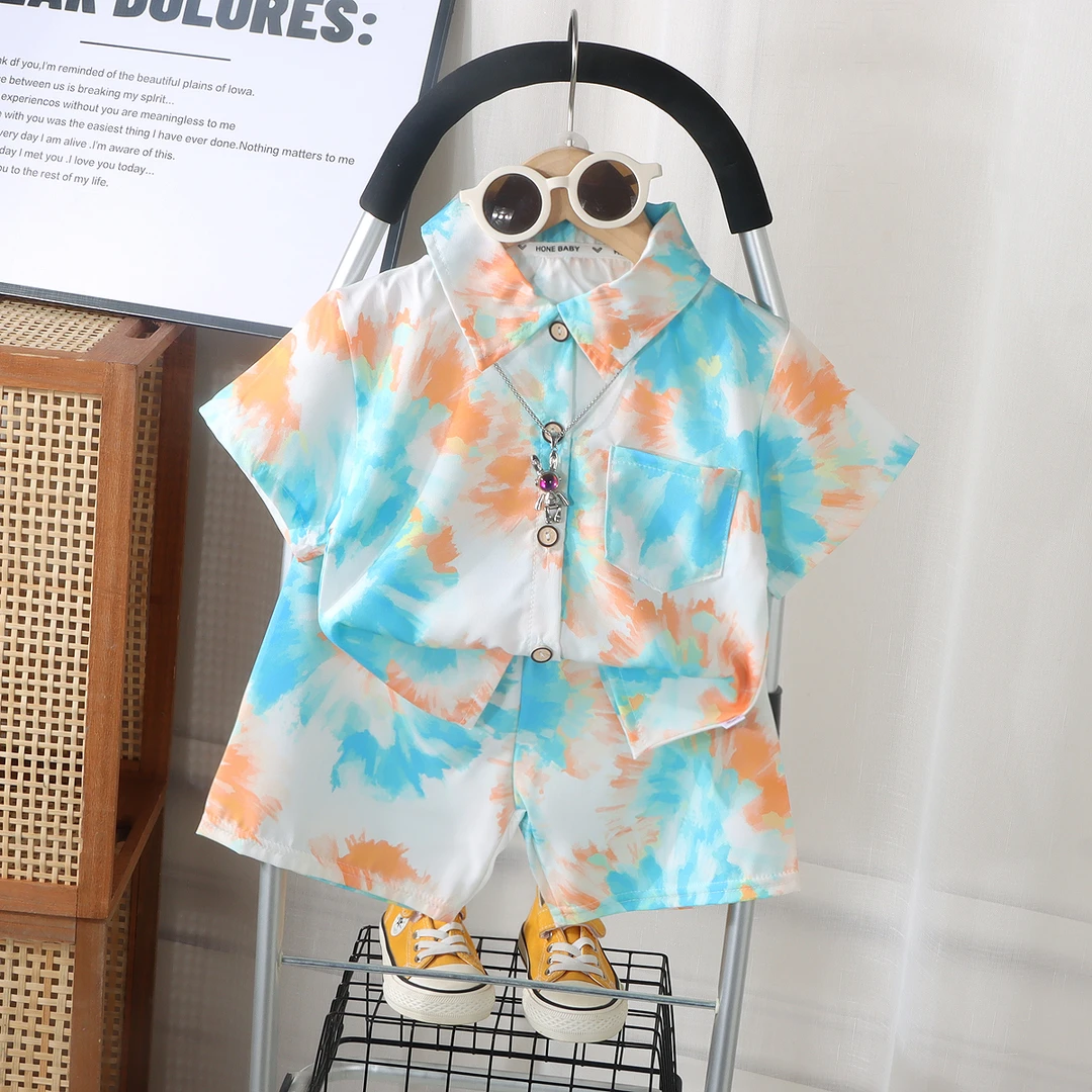 新款男童韩版衬衫短袖套装薄款中大童国风水墨画夏季时尚帅气套装