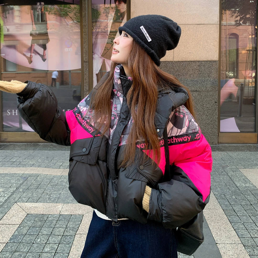 设计感街头风字母印花短款羽绒服女2025冬季新款小个子白鸭绒外套