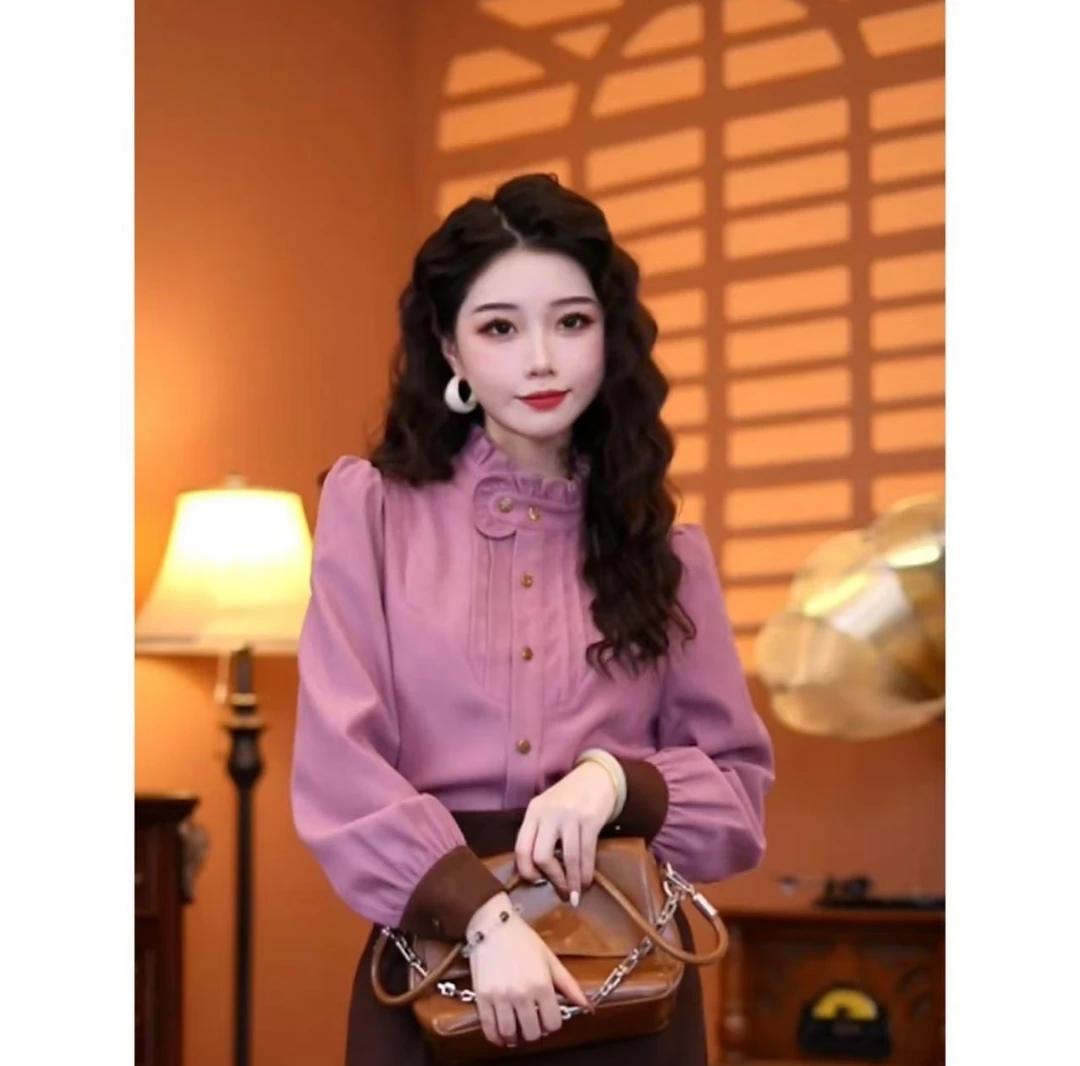 【510】衬衫气质显瘦时尚法式复古秋冬女装常规款设计感立领小众