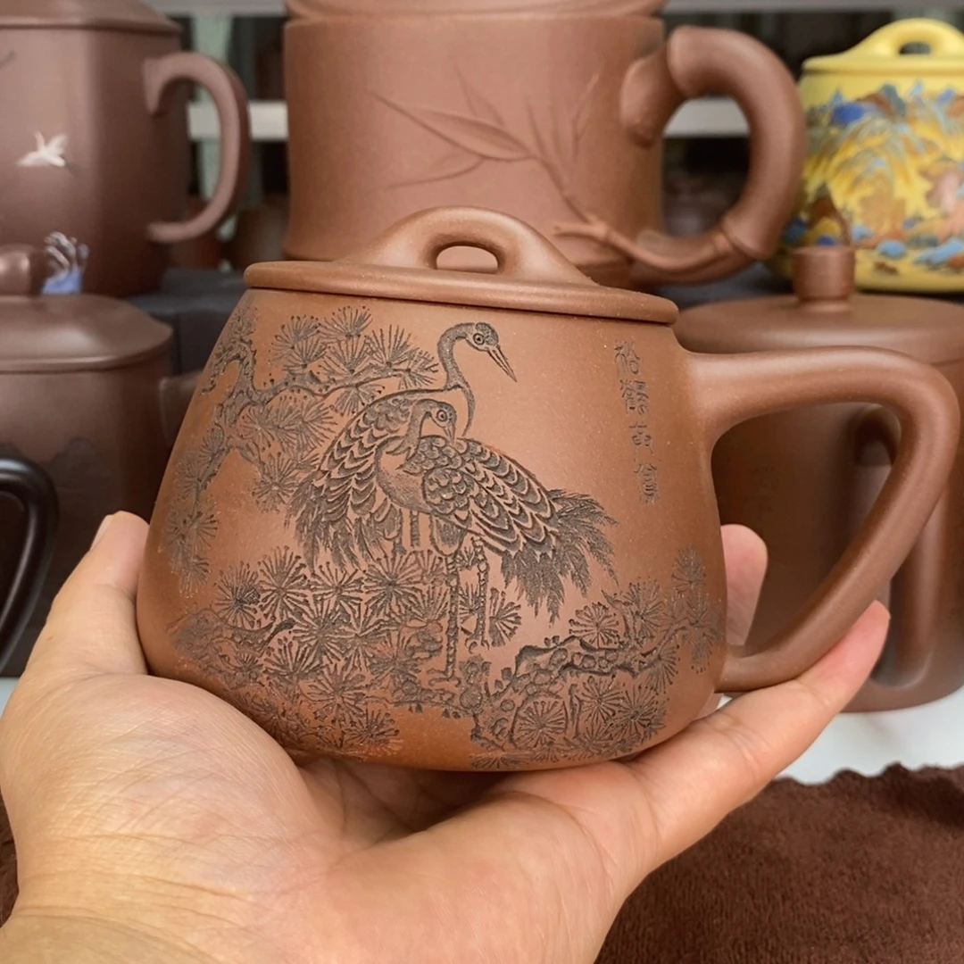 茶杯紫砂仙鹤刻绘紫泥石瓢