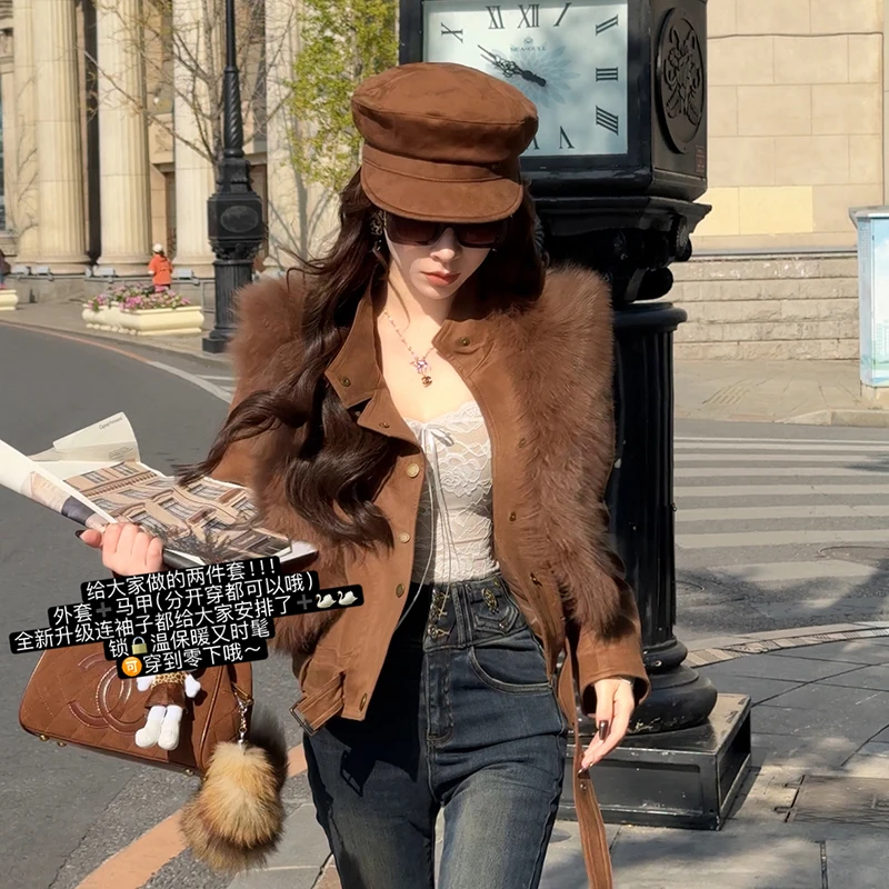 小雨姐姐【焦糖颂歌】休闲时尚毛绒腰带款机车风外套女冬季新款