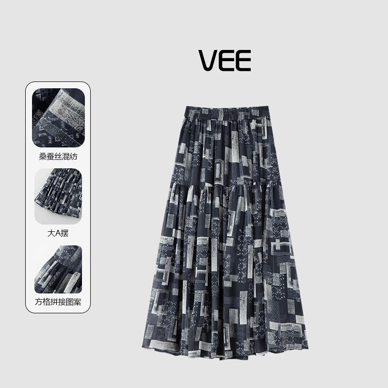 VEE【秘境】25夏新款桑蚕丝方格印花优雅气质弹力腰头A摆伞裙