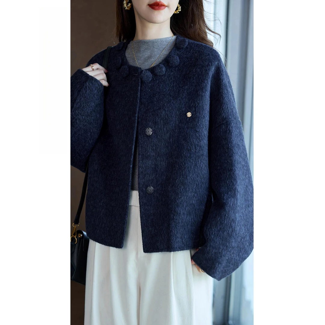 气质休闲显肤羊毛呢藏青上衣女新款秋冬季韩版宽松双面呢保暖外套